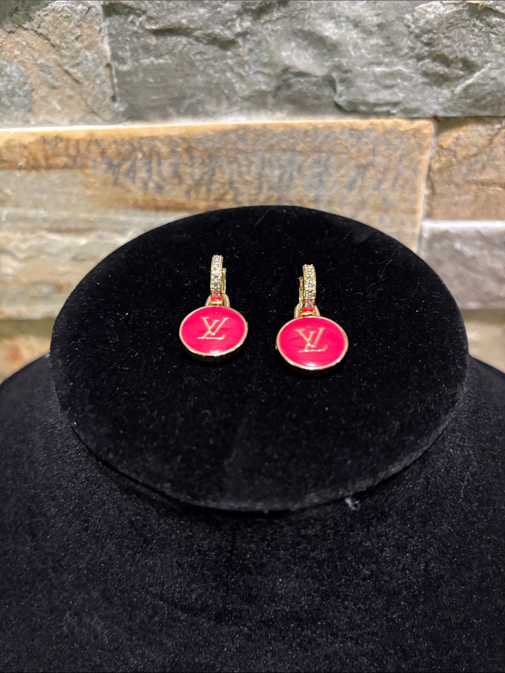 Pink Enamel LV “skittle” Drop Earrings with Gold-Tone Accents
